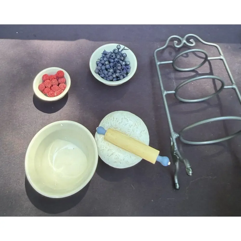 Longaberger Pottery Miniature Mixing Bowls Berries Dough Wrought Iron Stand Mint